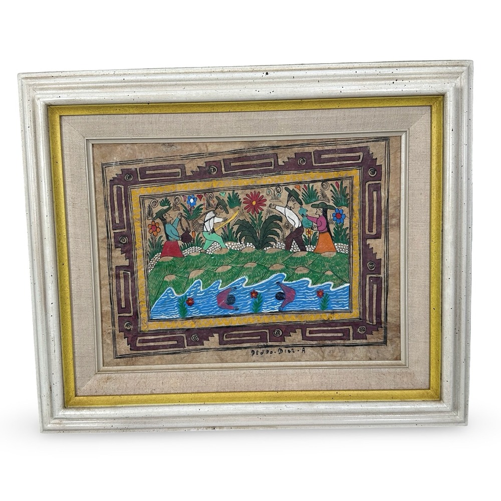 Pedro Diaz A Mexican Folk Art Amate Bark Painting Framed Village Scene 17x14